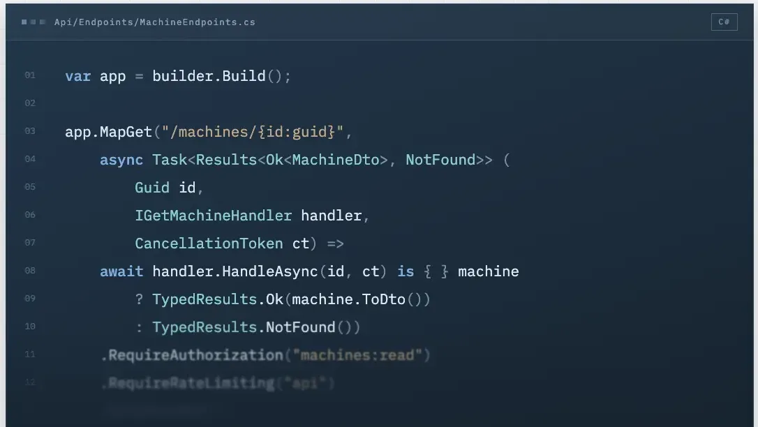 Code sample of an ASP.NET Core minimal API in C# with typed results and authorization