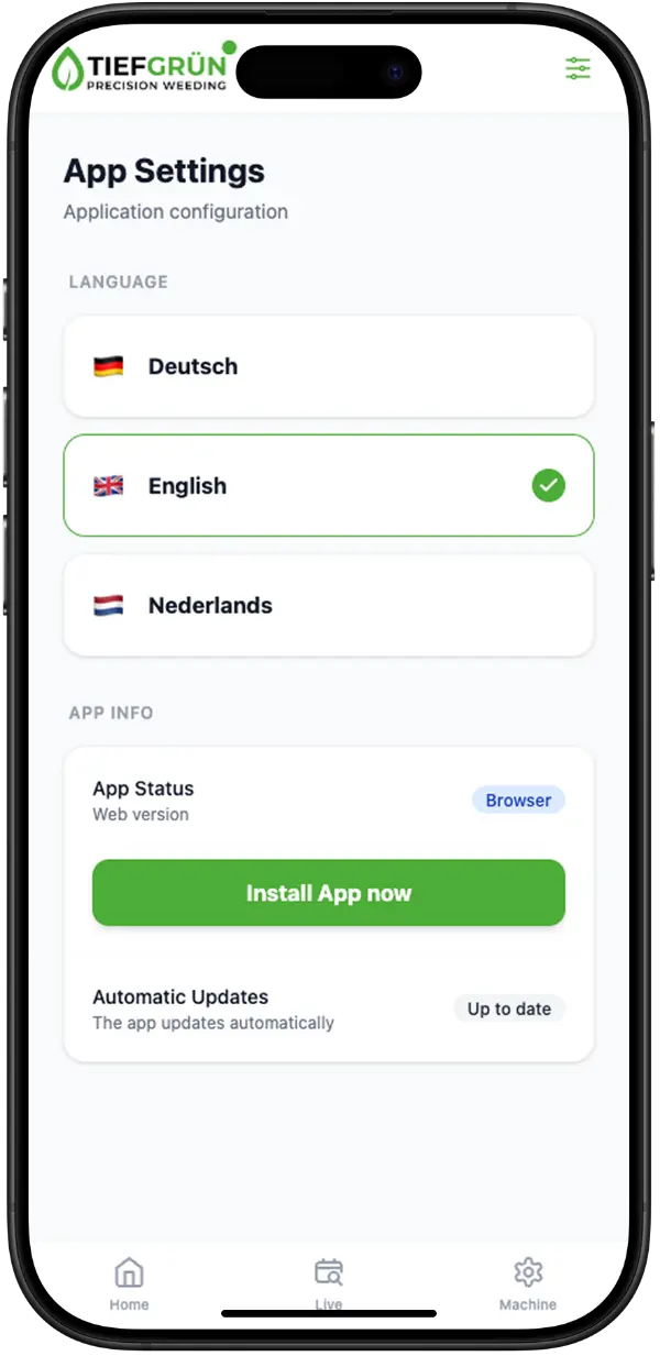 Tiefgrün app settings configuration