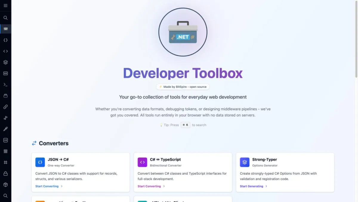 Übersicht der BitSpire .NET Developer Toolbox mit ihren Tool-Kategorien