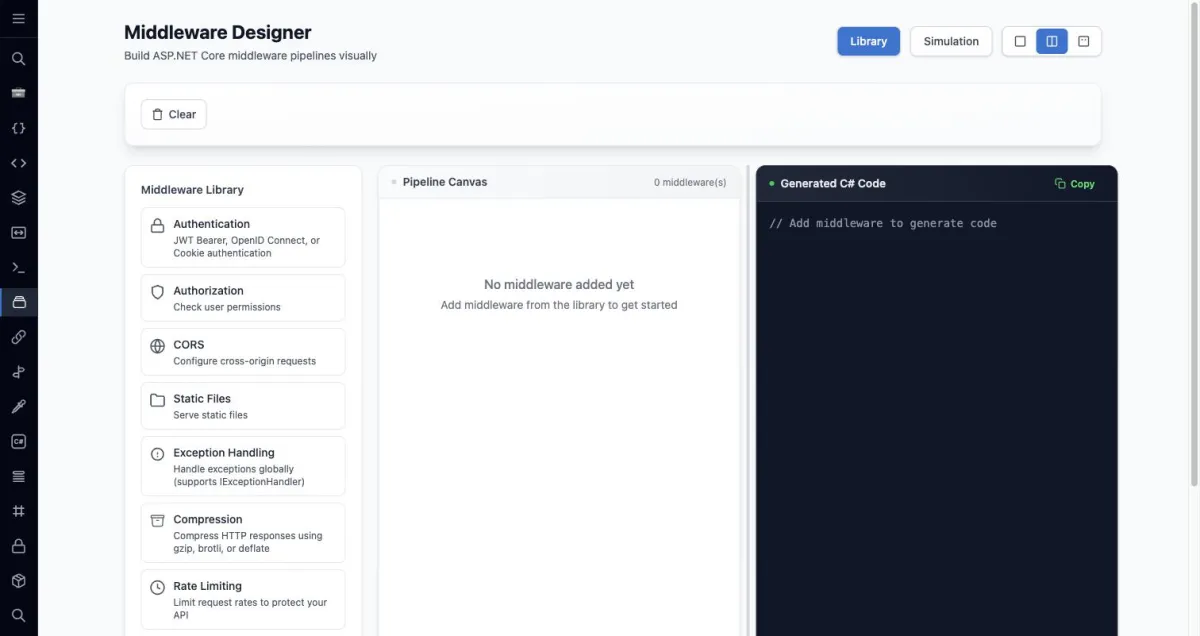 Der Middleware Designer mit Middleware-Bibliothek, Pipeline-Canvas und generiertem C# Code