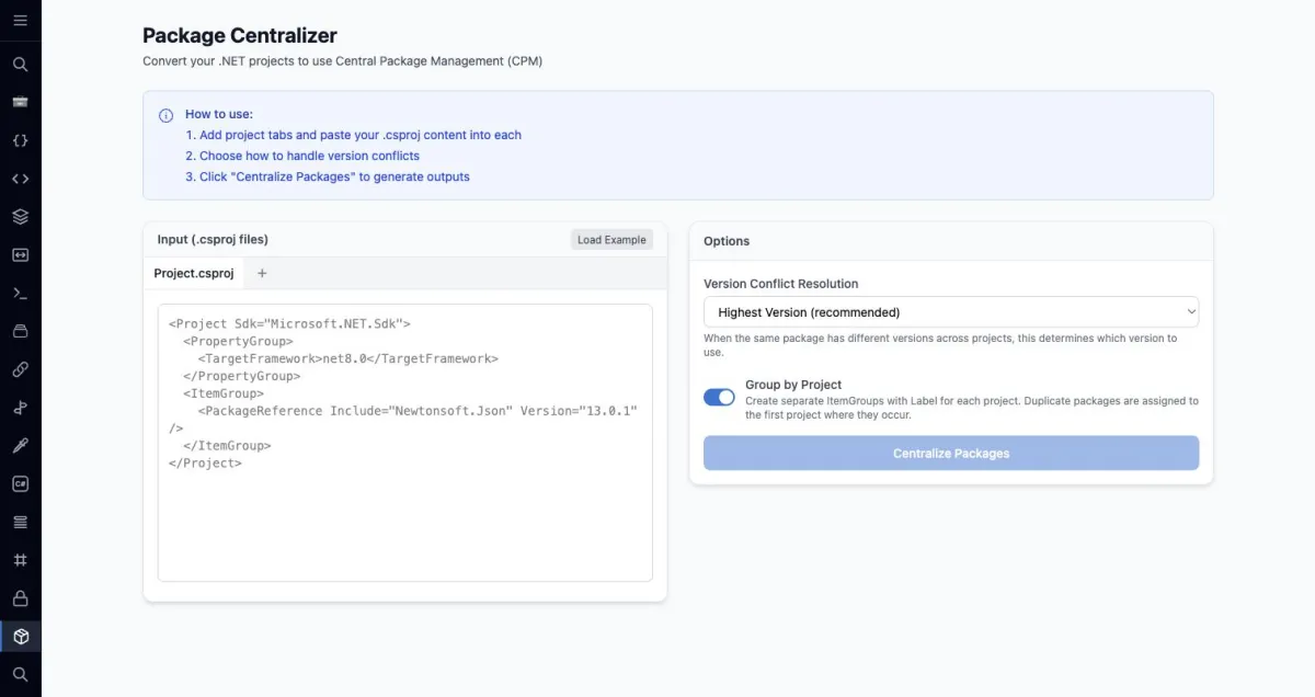 Der Package Centralizer konvertiert csproj-Dateien zu Central Package Management