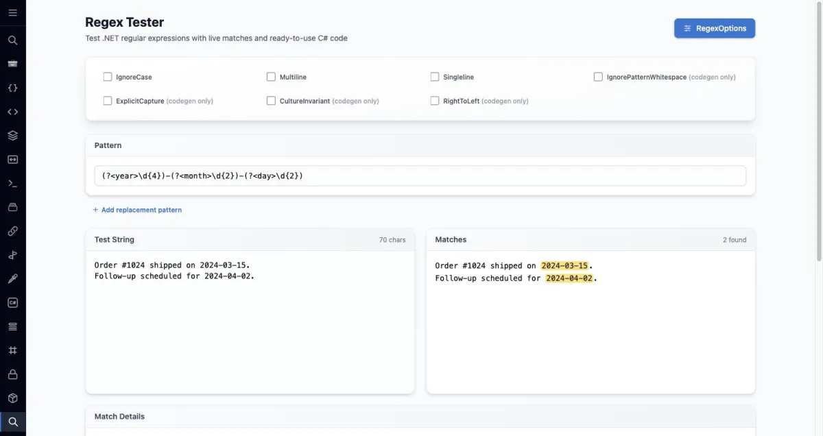Der .NET Regex Tester findet Datumsangaben in einem Teststring mit zwei Live-Matches